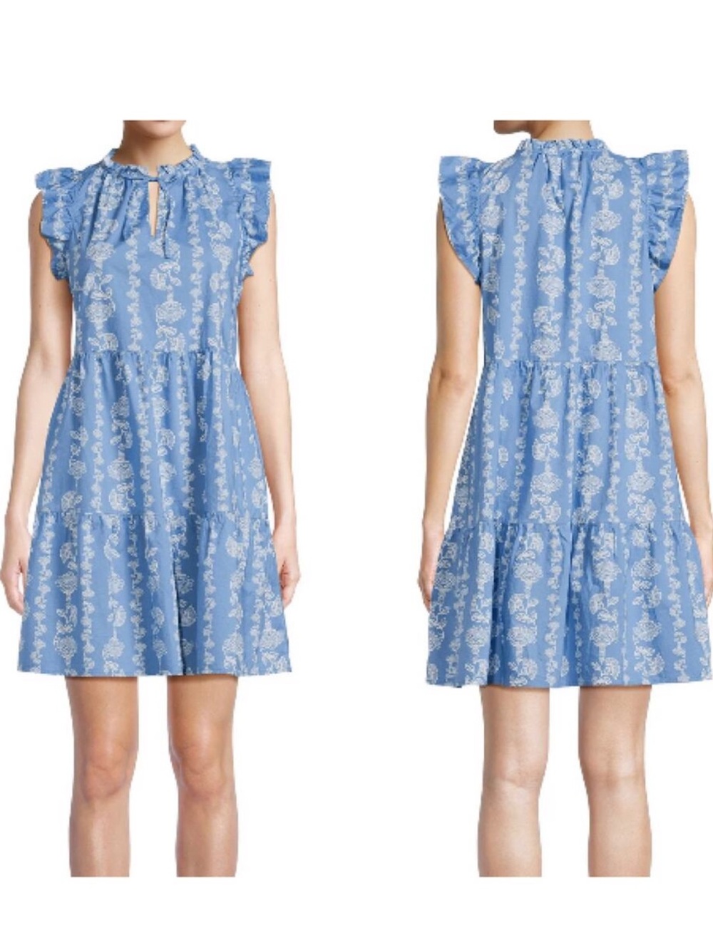Time Tru Women’s Mini Dress Large (12-14) Blue Floral Cotton Ruffle Cap Sleeve